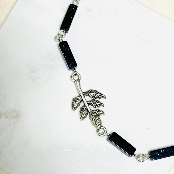 Dark Blue Goldstone Short Necklace w/ Silver Leaf Branch Pendant - Picture 6 of 14